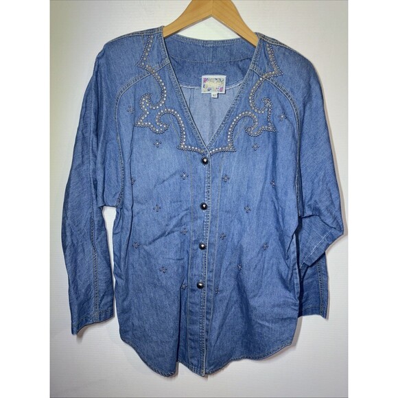 Monique Fashions Tops - Monique Fashions Shirt Womens Vintage Sz 10 Blue Acid Wash Rhinestone Stud Mode